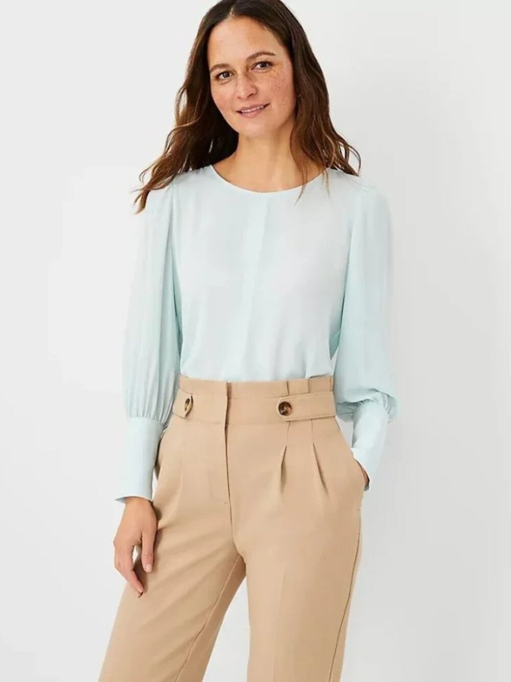 NEW Ann Taylor Mixed Media Puff Sleeve Top Green Women's XS